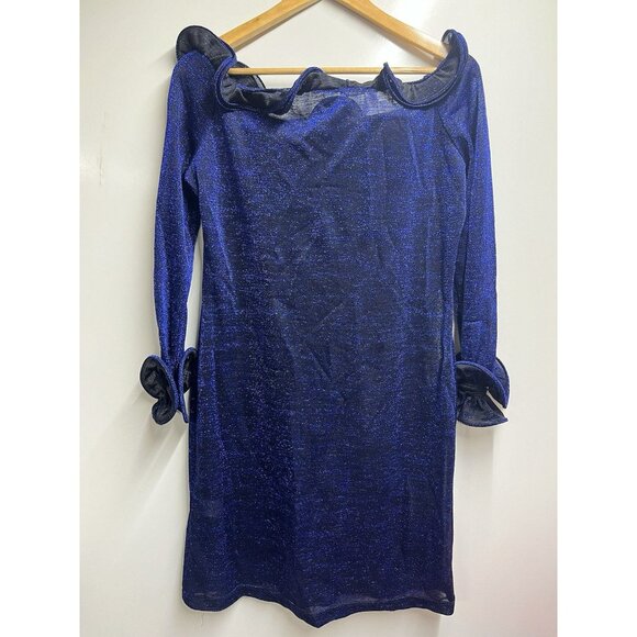 Samuel Dong Ruffle Mini Dress Metallic Blue Sheer Size Xl Woman’s Designer - Picture 5 of 5